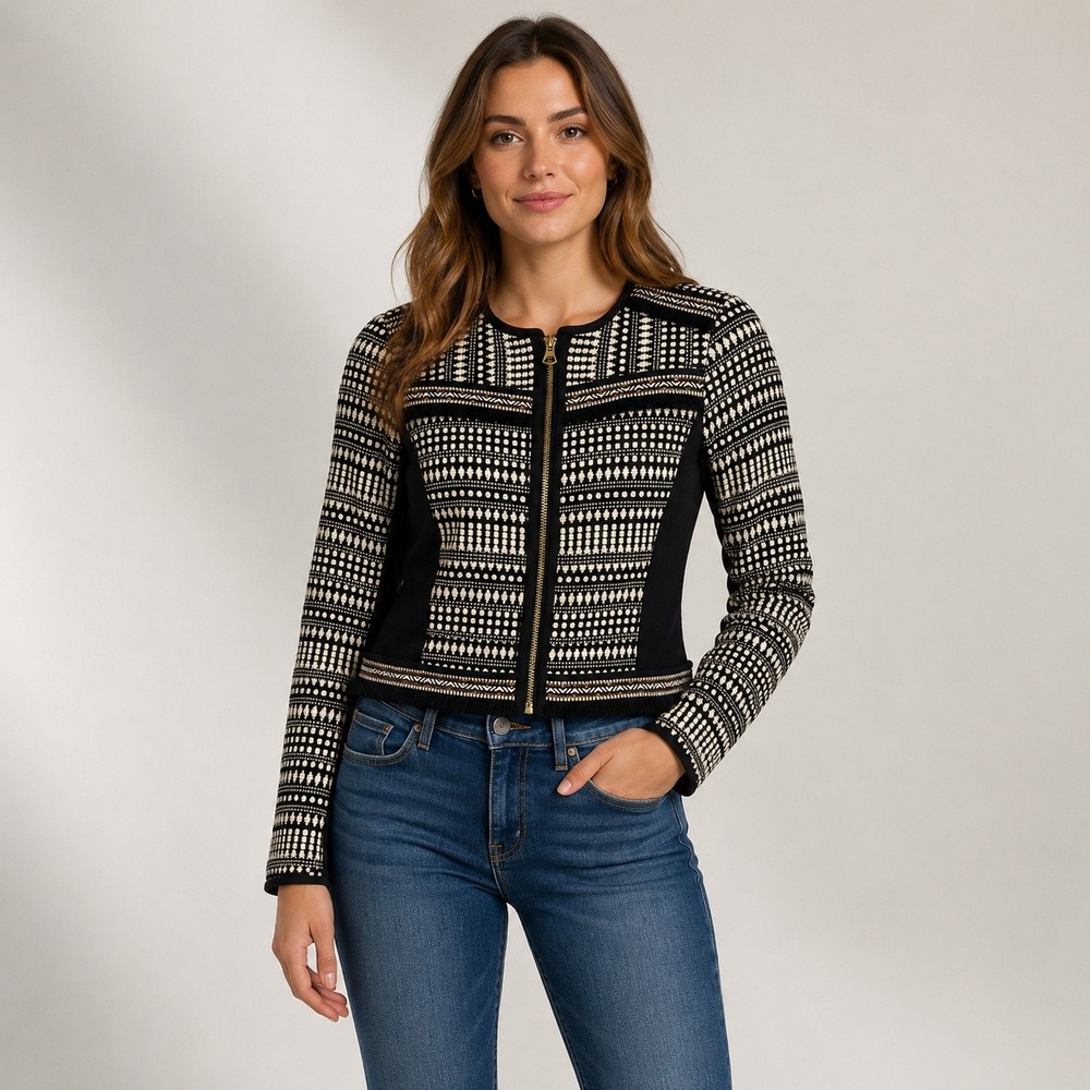 H M Black White Geometric Pattern Zip Up Moto Jacket Women‎ US 4